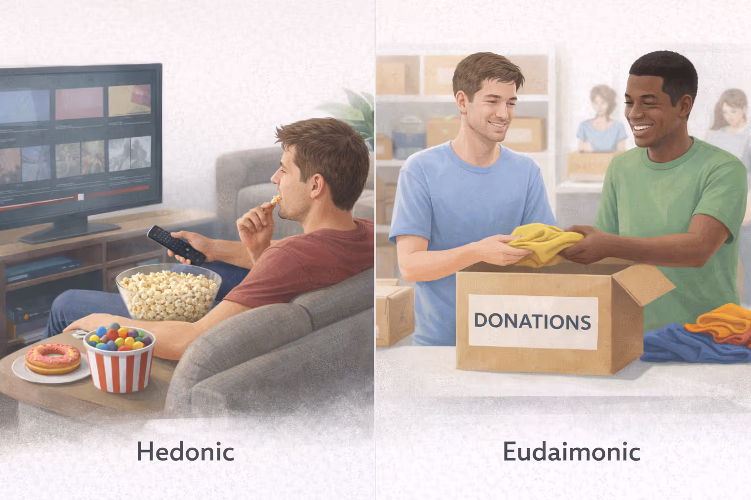 Side-by-side scenes of hedonic pleasure and eudaimonic meaning-focused activity