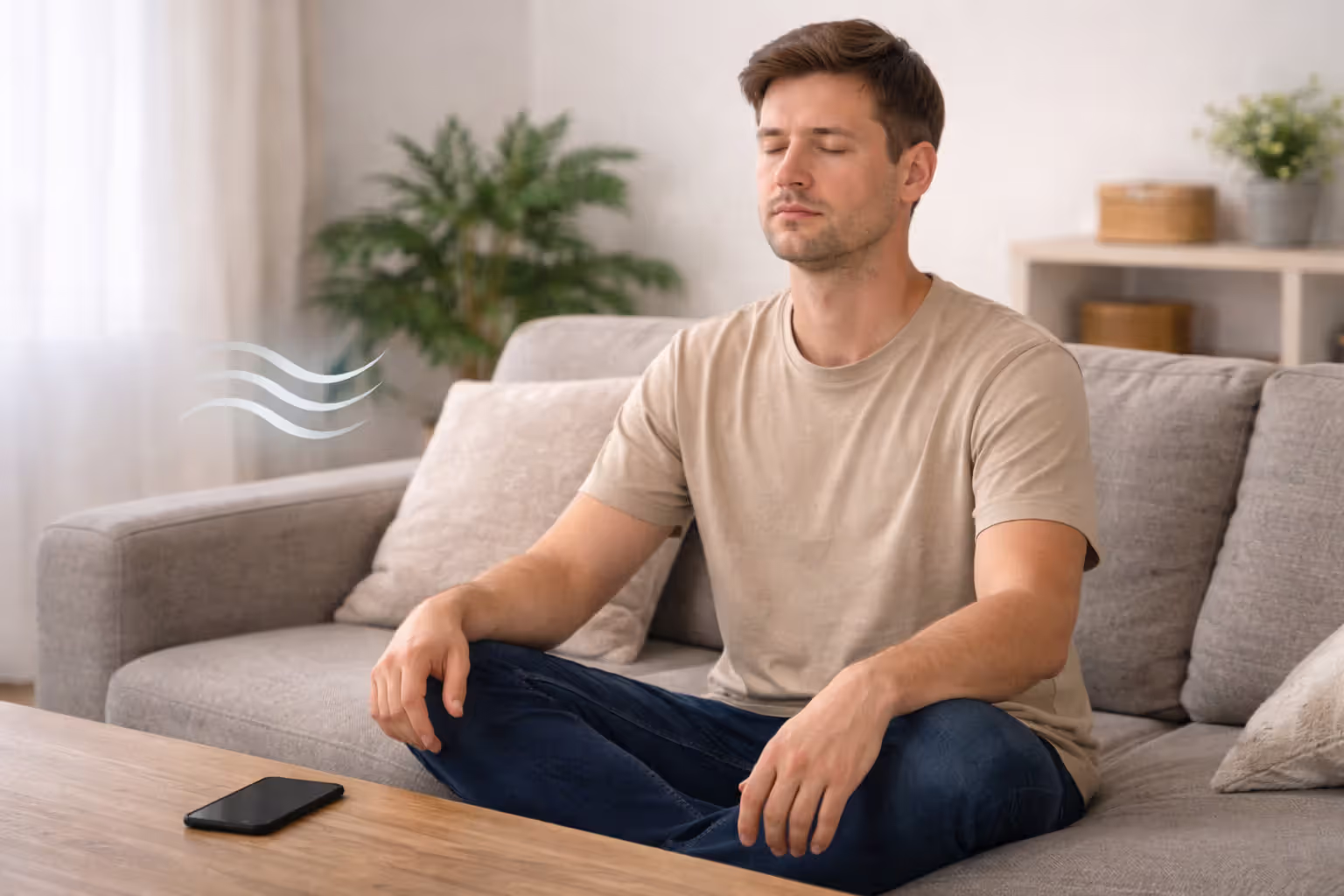 Person meditating calmly with a phone placed face down nearby