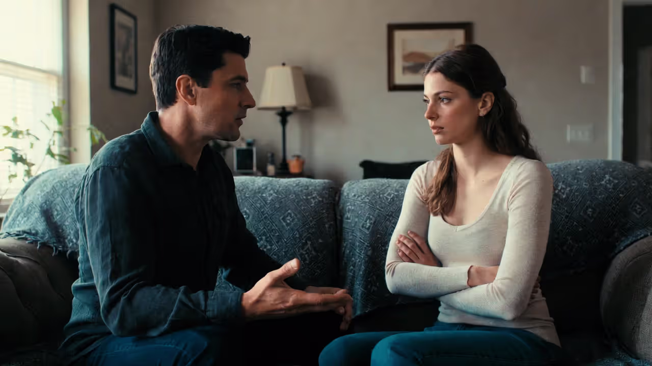 Couple on a couch during tense conversation, one speaking while the other looks defensive