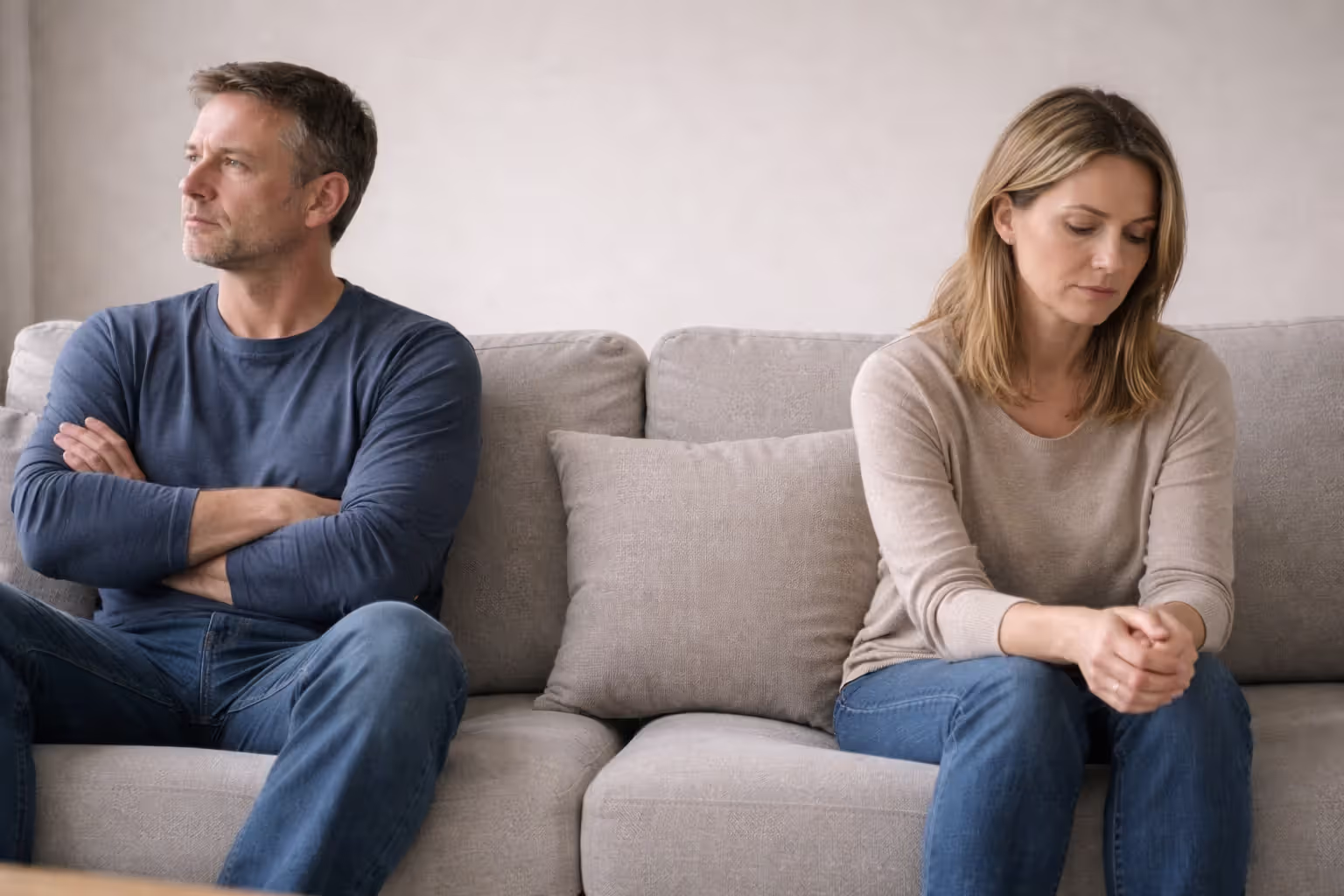 Couple sitting apart on a couch appearing emotionally distant in a neutral living room