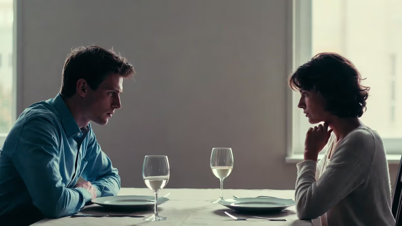 Couple sitting at table with visible emotional distance and tension