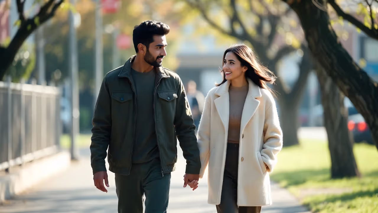 Couple walking hand in hand outdoors representing realistic partnership