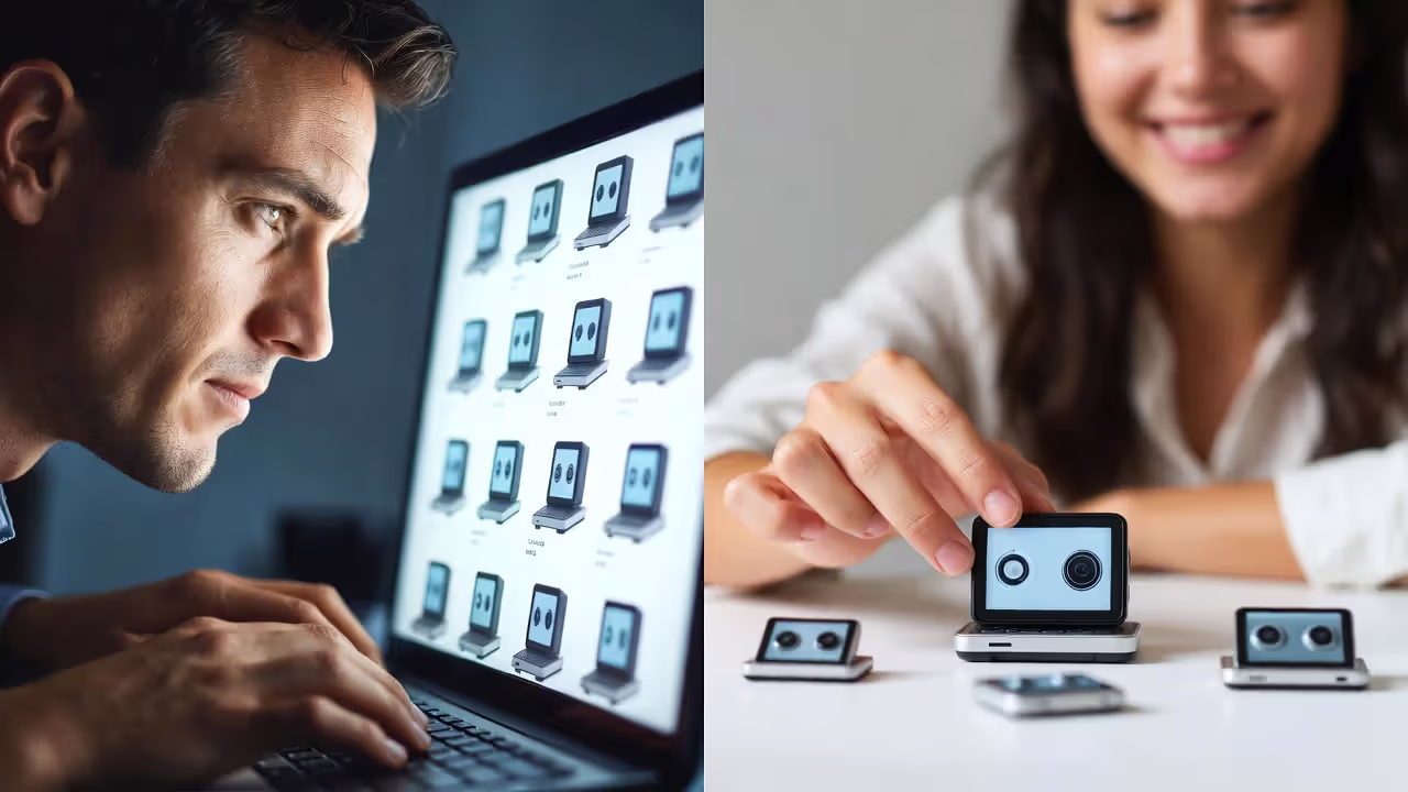 Split image showing maximizer comparing many options and satisficer choosing confidently