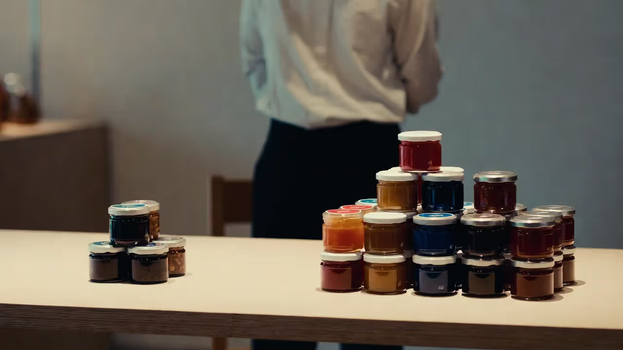 Person facing small versus large selection of identical jars